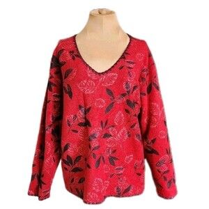 Coldwater Creek Red & Black Leaf Print Cozy Fleece V-Neck Top Women's Large‎